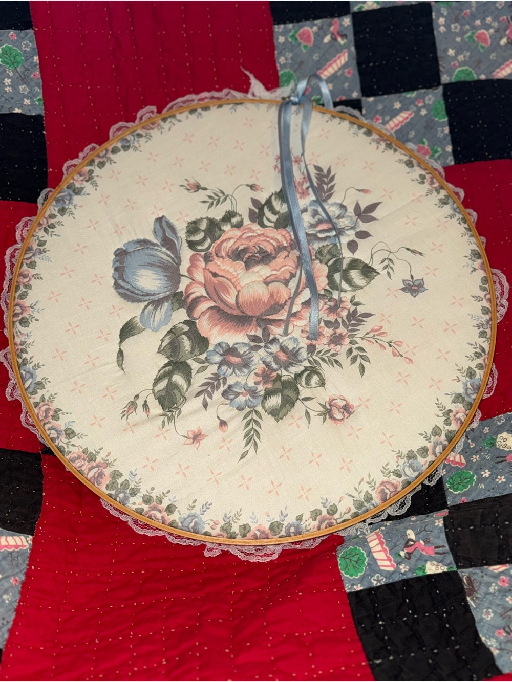 Floral Round Quilted Decorative Wall Hoop with Ribbon